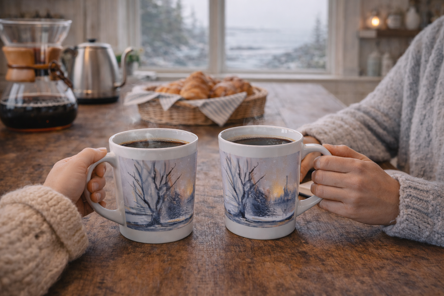 Winter Watercolor Latte Mug — Snowy Landscape Coffee Cup