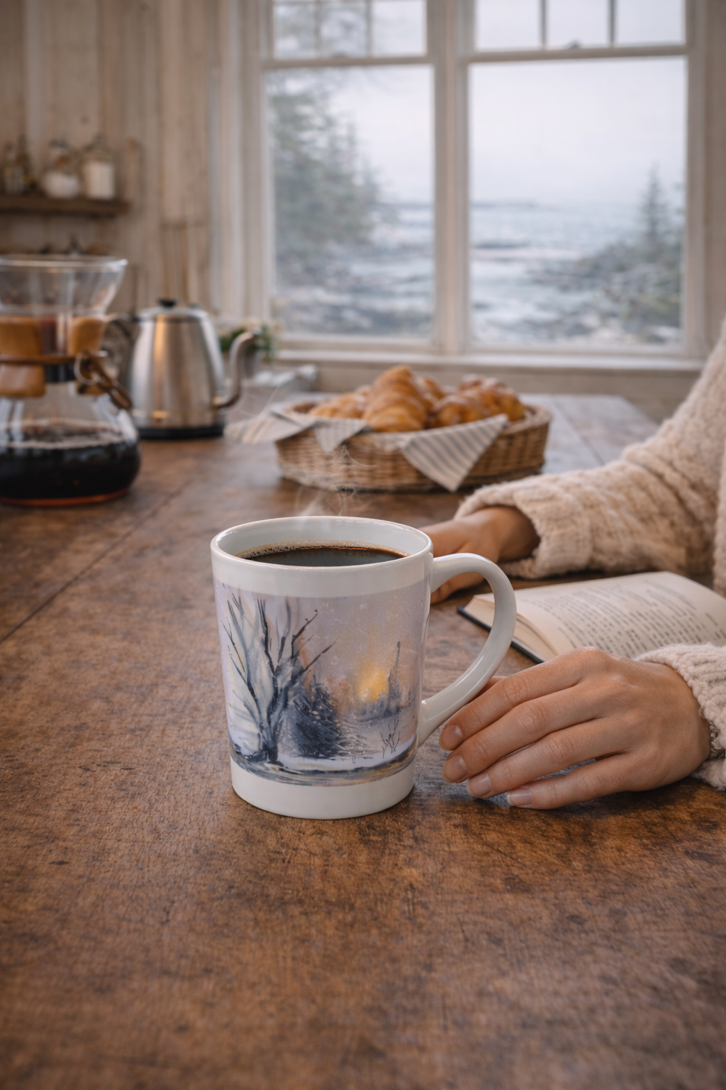Winter Watercolor Latte Mug — Snowy Landscape Coffee Cup