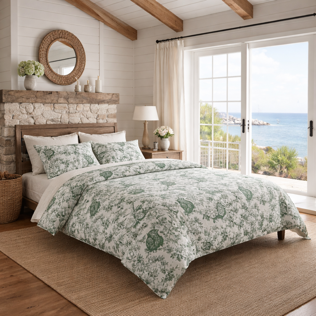 Botanical Bird Comforter - Green Toile Floral Pattern