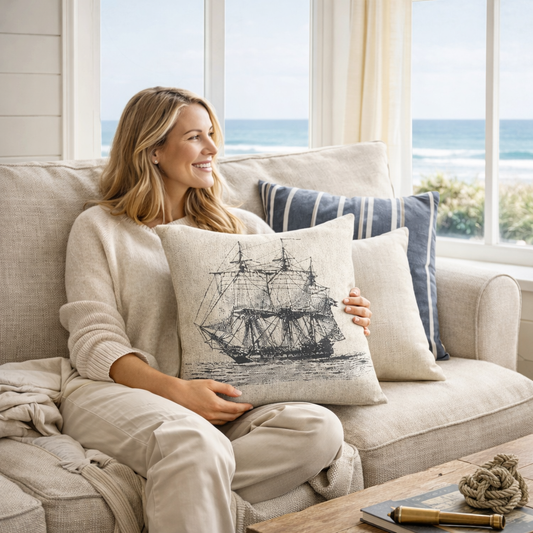 Vintage Sailing Ship Woven Pillow — Nautical Coastline Home Decor